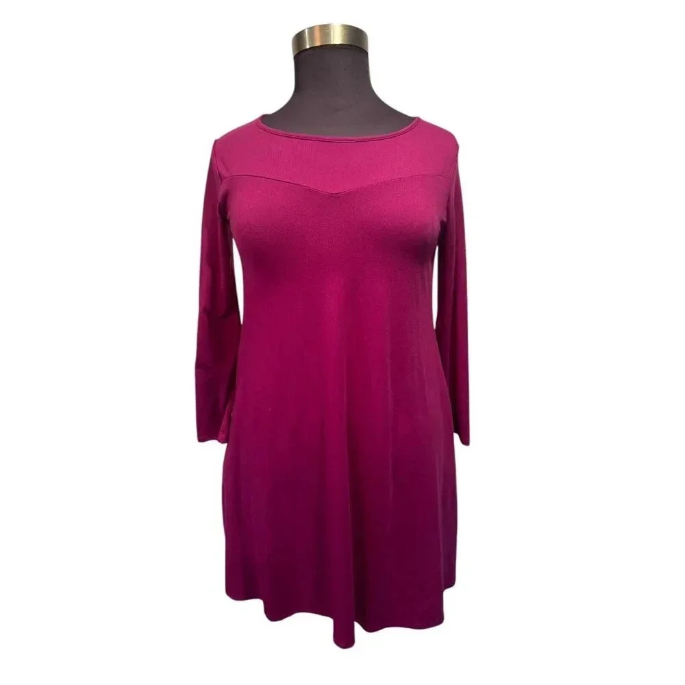 Shiela Rose Women's Large Magenta Long‎ Sleeve Round Neck Pockets Swing Dress